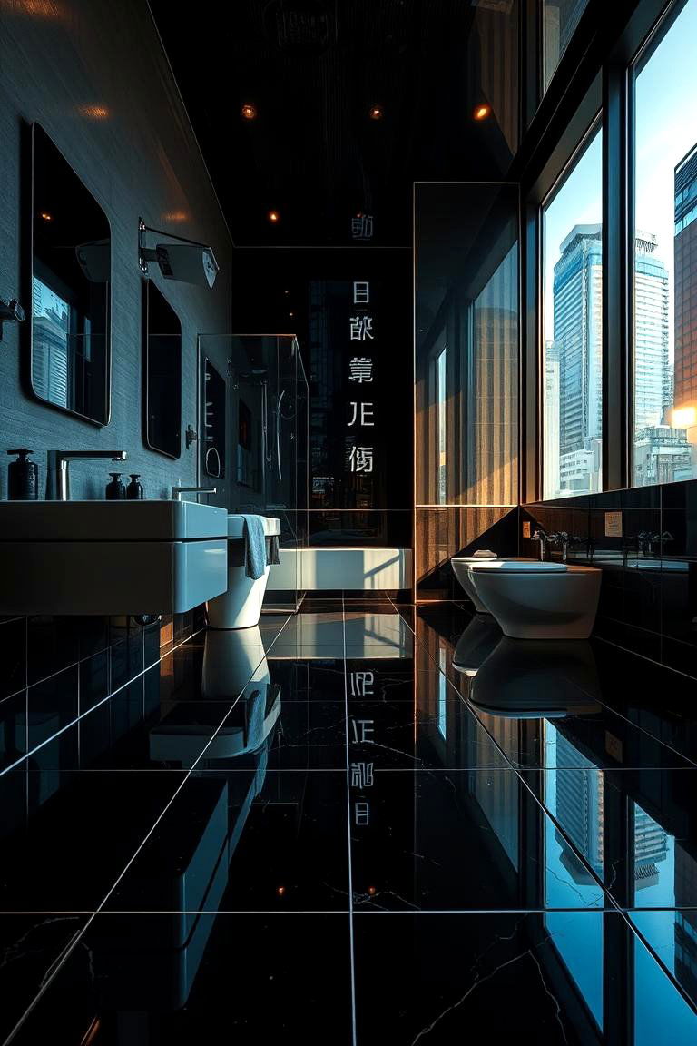 High Gloss Urban Sophistication - 24 Black Floor Bathroom Ideas