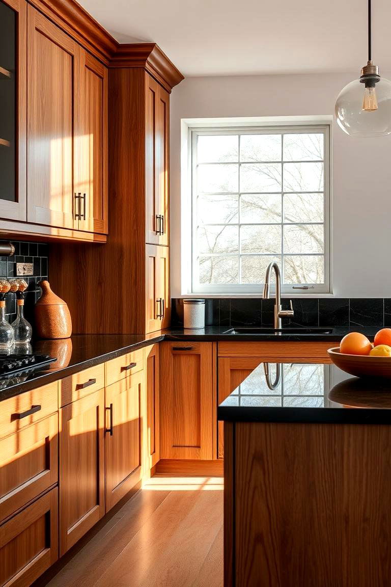 High Quality Craftsmanship Shines Through - 24 Brown Kitchen Cabinets With Black Countertops