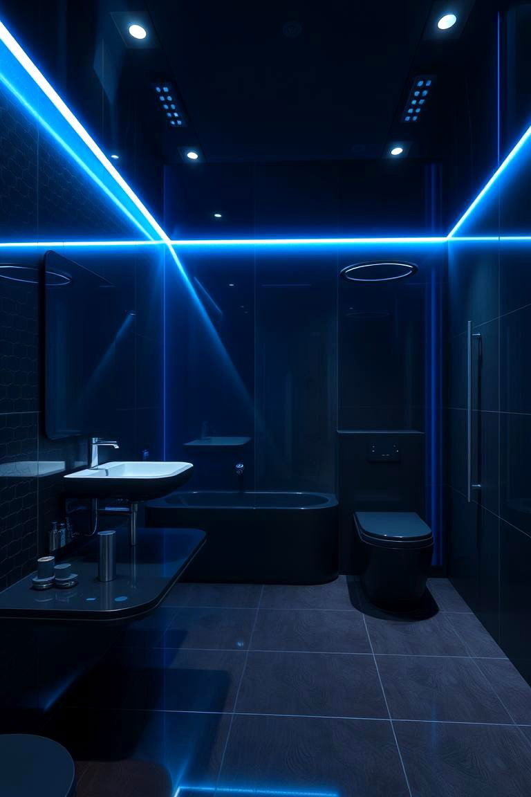 High Tech Haven with LED Accents - 24 black and blue bathroom ideas