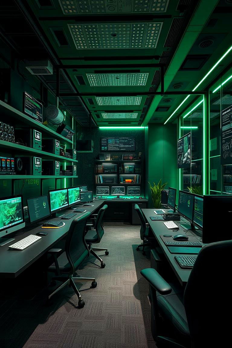 High Tech Office with Green Accents - 24 Dark Green Office Ideas and Inspiration