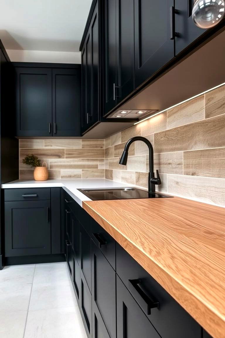 Highlight Natural Wood Grain - 24 Kitchen With Black Cabinets And Wood Countertops Ideas