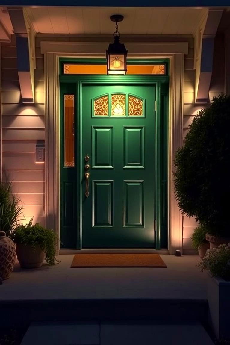 Highlight the Door with Ambient Lighting - 24 Emerald Green Front Door Ideas