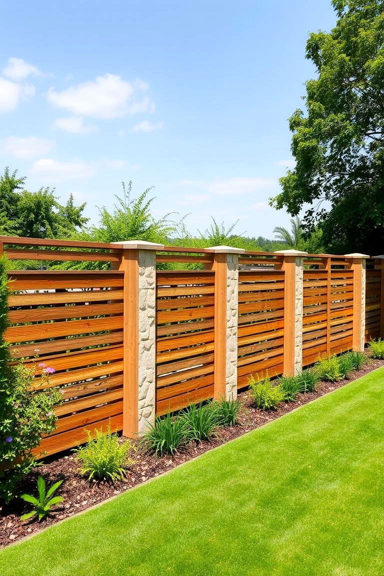 Horizontal Fence with Stone Accents - 24 Horizontal Fence Ideas