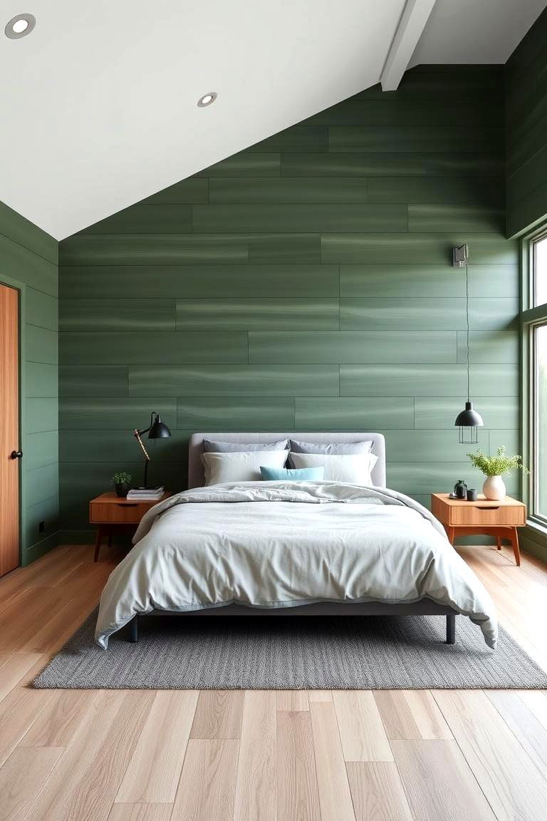 Horizontal Green Wide Planks for Space - 24 Green Panelling Bedroom Ideas