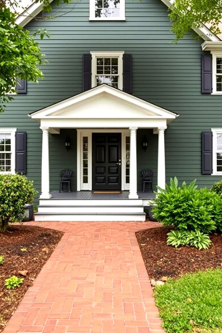 Hunter Green with Brick Pathway - 24 Farmhouse Green Exterior Home Ideas