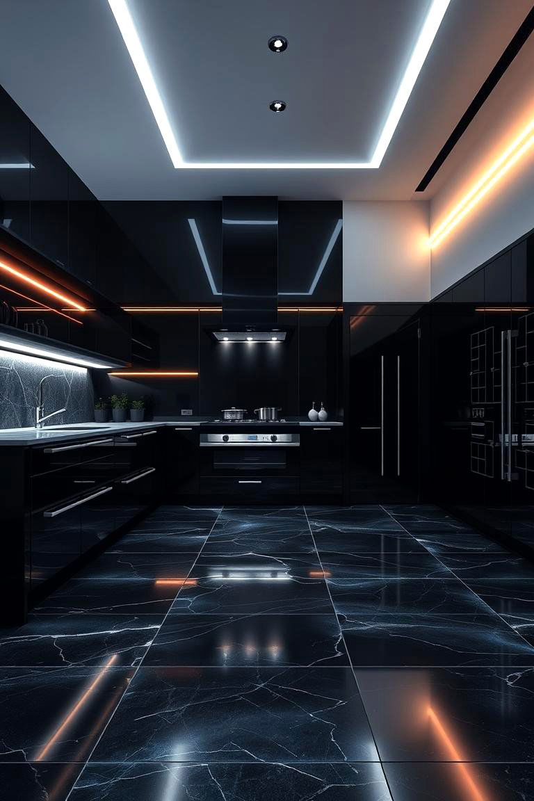 Illuminated Black Floor with LED Details - 24 Black Floor Kitchen Ideas