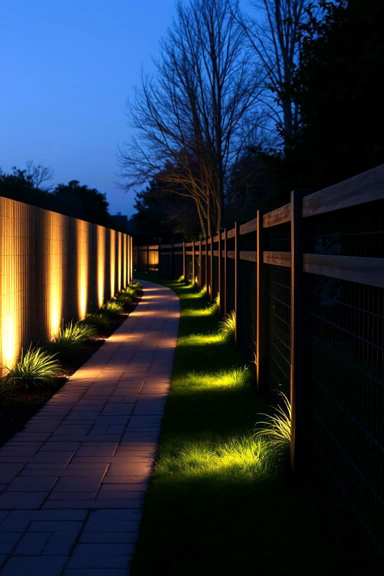 Illuminated Pathway Along the Fence - 24 Simple Fence Line Landscaping Ideas