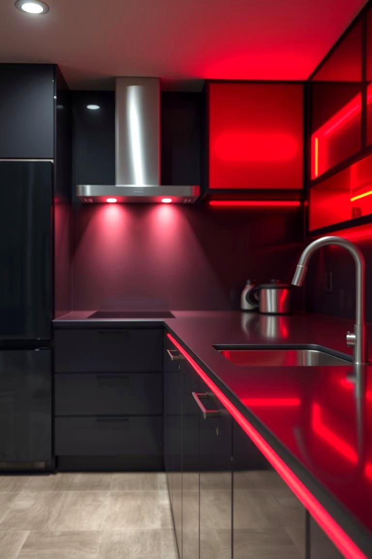 Illuminated Red Accents - 24 red and black kitchen ideas