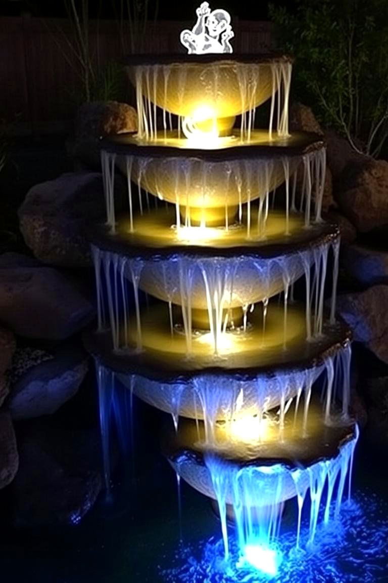 Illuminated Water Feature Cascade - 24 Pondless Waterfall Ideas