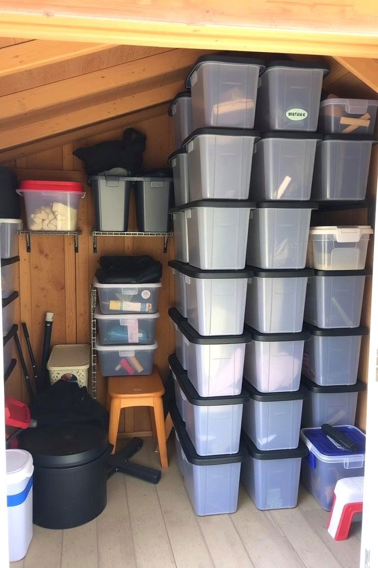 Implement Clear Storage Bins - 24 Shed Organization Ideas