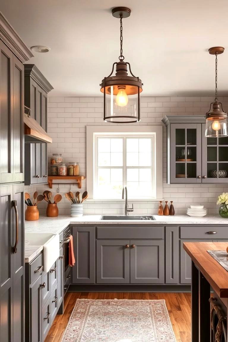 Incorporate Farmhouse Lighting with Gray Cabinets - 24 Farmhouse Kitchen With Gray Cabinets Ideas
