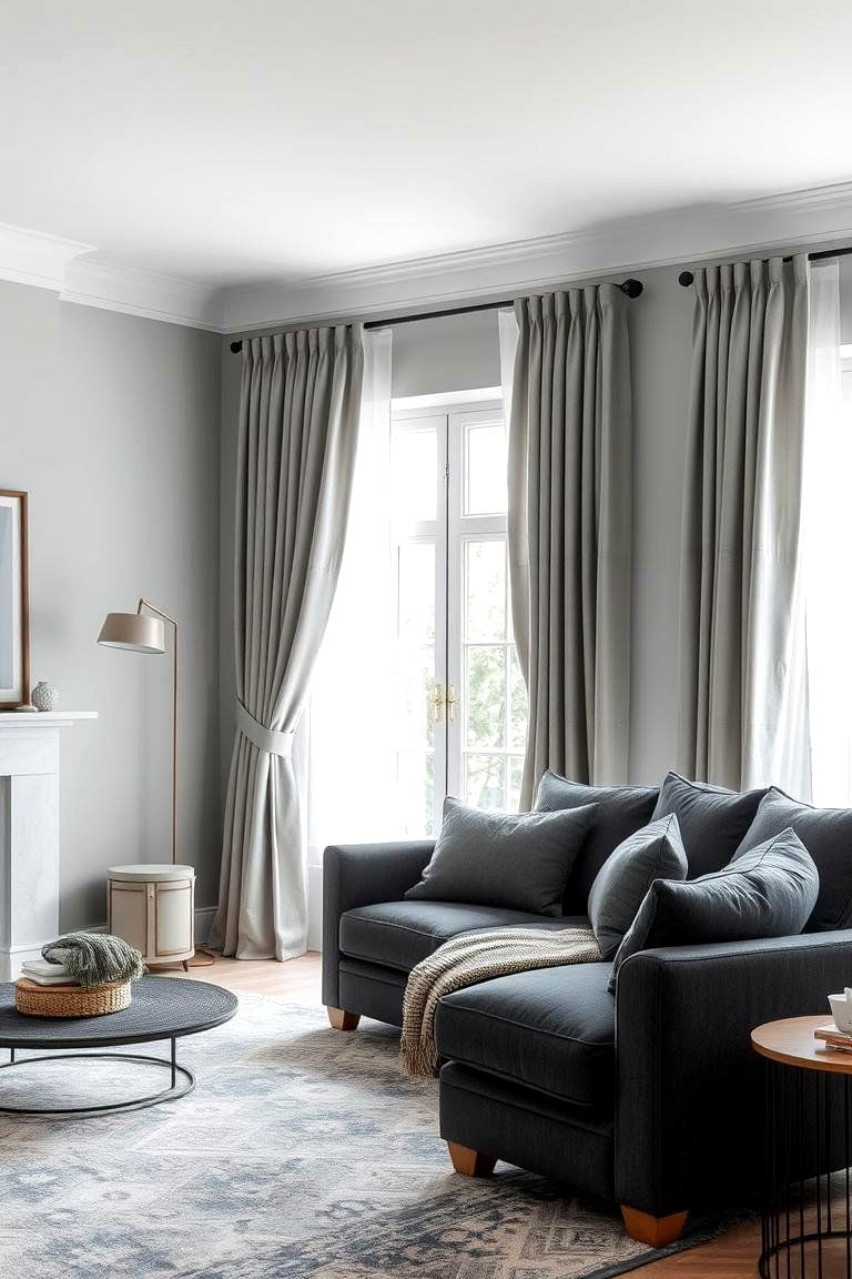 Incorporate Grey Curtains for Softness - 24 Grey Living Room Ideas