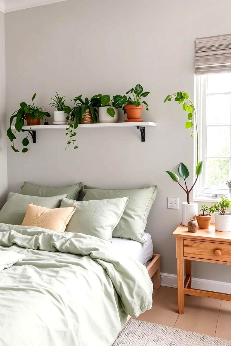 Incorporate Indoor Plants - 24 Sage Green and Grey Bedroom Ideas