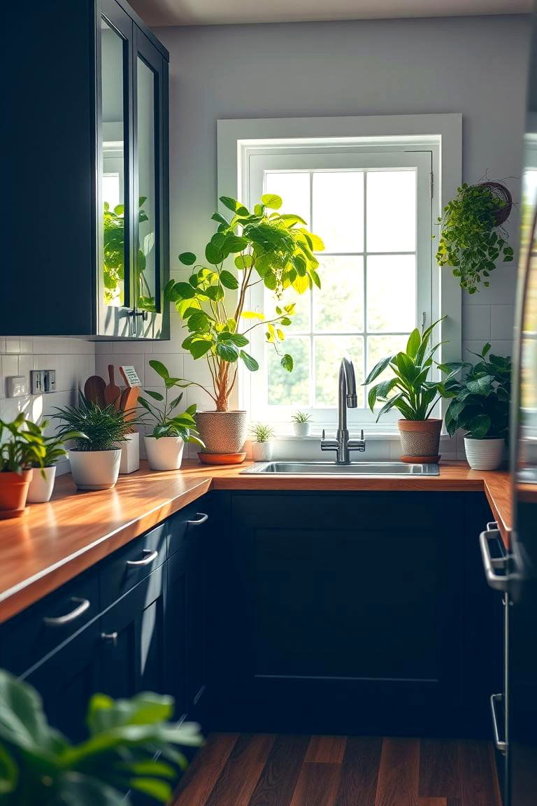 Incorporate Indoor Plants for Freshness - 24 Kitchen With Black Cabinets And Wood Countertops Ideas