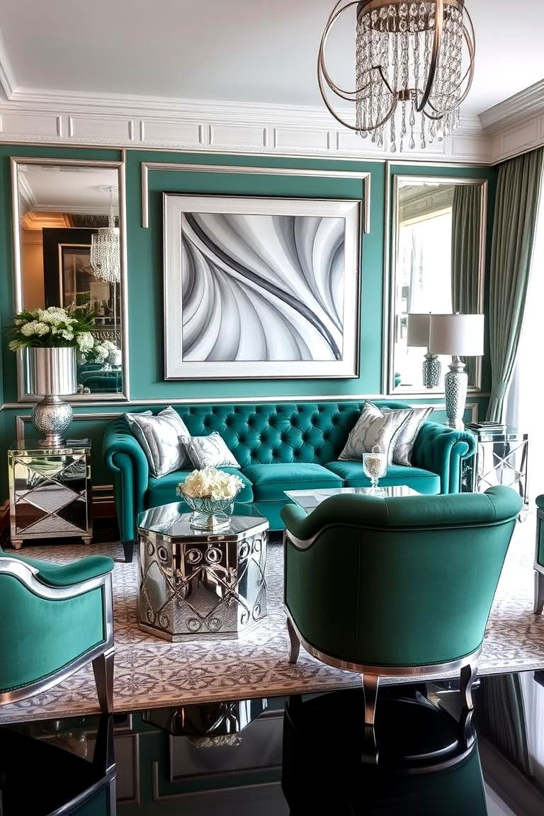 Incorporate Metallic Accents for a Glam Look - 24 Emerald Green Sofa Living Room Ideas