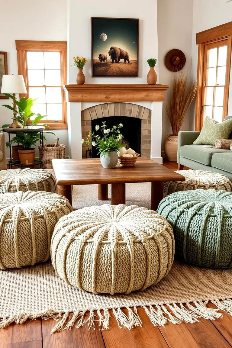 Incorporate Natural Fiber Poufs or Ottomans in Varying Shades of Sage Green - 24 Rustic Sage Green Living Room Ideas