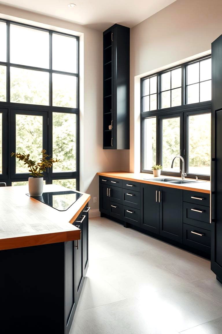 Incorporate Natural Lighting - 24 Kitchen With Black Cabinets And Wood Countertops Ideas