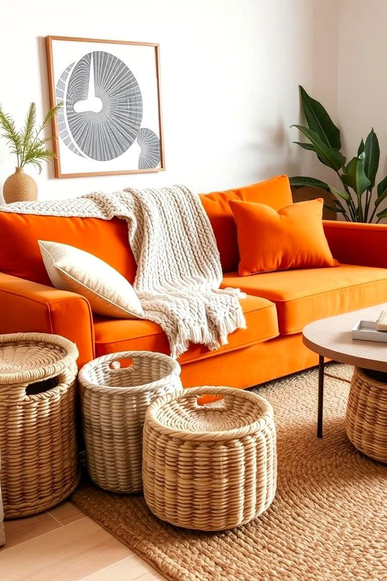Incorporate Natural Textures for Warmth - 24 Orange Couch Living Room Ideas
