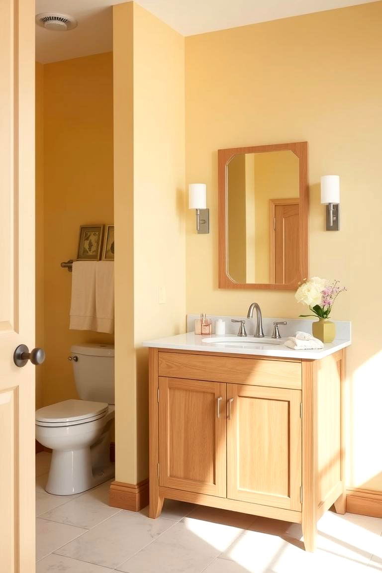 Incorporate Natural Wood Tones with Yellow - 24 Yellow Bathroom Ideas
