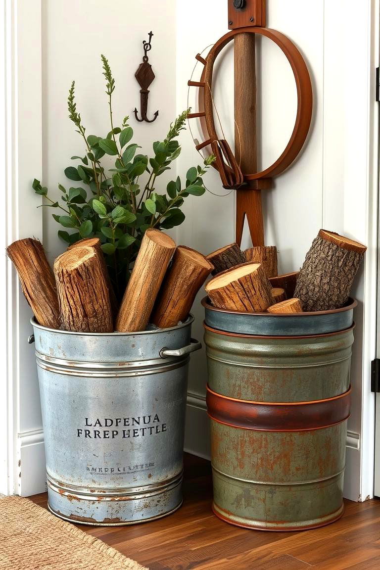 Incorporate Vintage Bins or Buckets - 24 Farmhouse Entryway Ideas