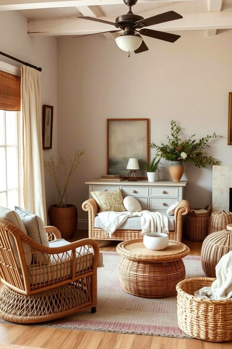 Incorporate Wicker and Rattan - 24 Shabby-chic Style Living Room Ideas