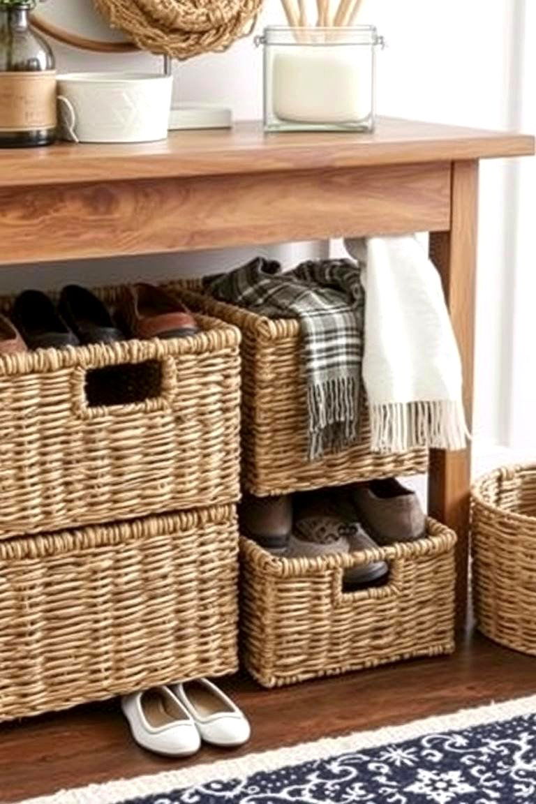 Incorporate Woven Baskets for Storage - 24 Farmhouse Entryway Ideas