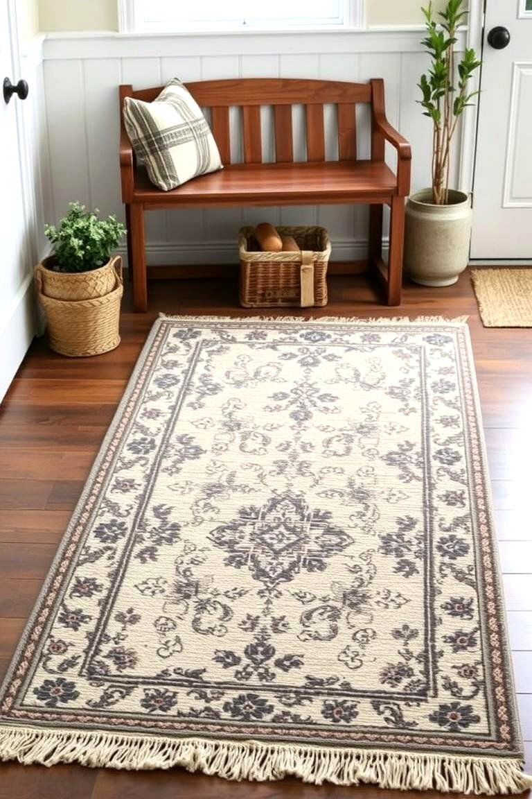 Incorporate a Cozy Rug - 24 Farmhouse Entryway Ideas