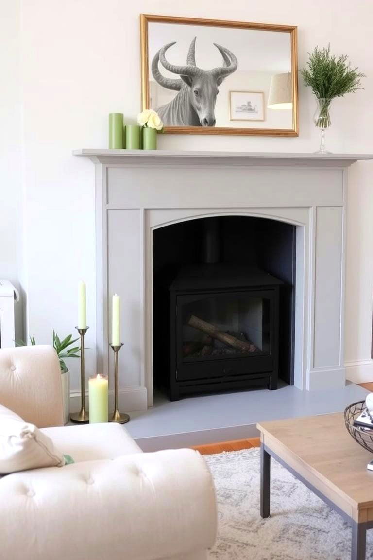Incorporate a Grey Fireplace Surround with Sage Green Mantel Decor - 24 Grey and Sage Green Living Room Ideas