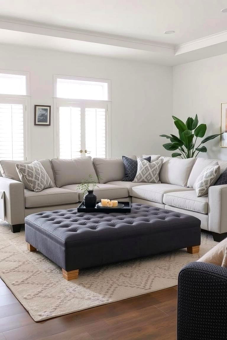 Incorporate a Grey Ottoman for Versatility - 24 Grey Living Room Ideas