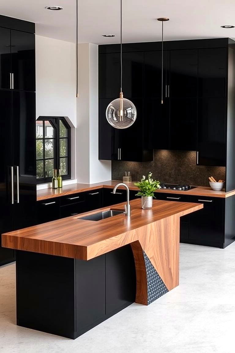 Incorporate a Waterfall Countertop Edge - 24 Kitchen With Black Cabinets And Wood Countertops Ideas