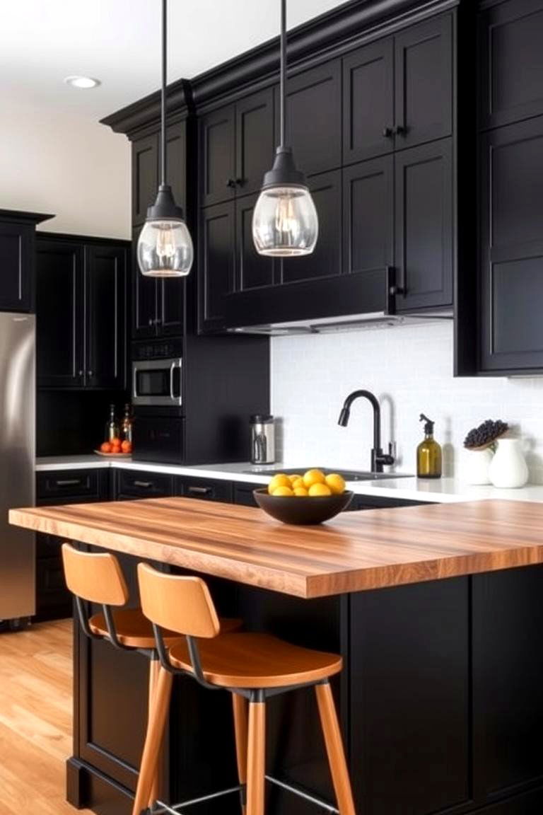 Incorporate a Wood Topped Island - 24 Kitchen With Black Cabinets And Wood Countertops Ideas