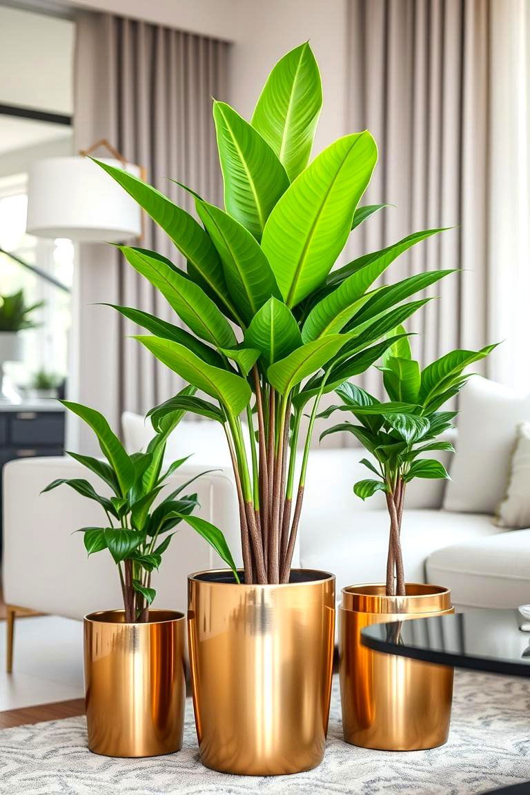 Incorporating Gold Through Indoor Plants and Planters - 24 White and Gold Living Room Ideas