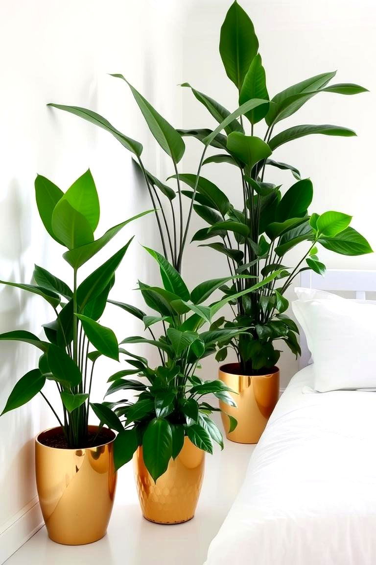 Incorporating Gold Through Indoor Plants in Gold Pots - 24 White and Gold Bedroom Ideas