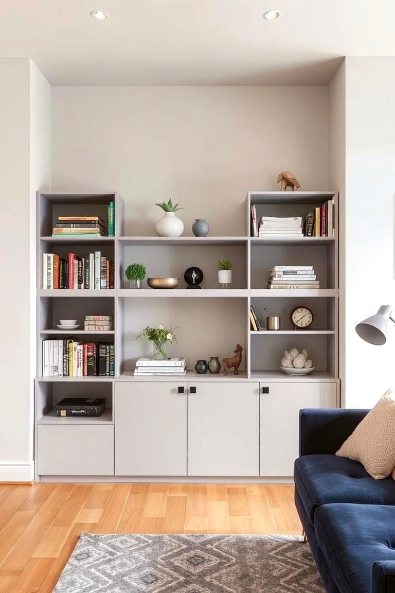 Incorporating Grey Shelving Units - 24 Navy Blue and Grey Living Room Ideas