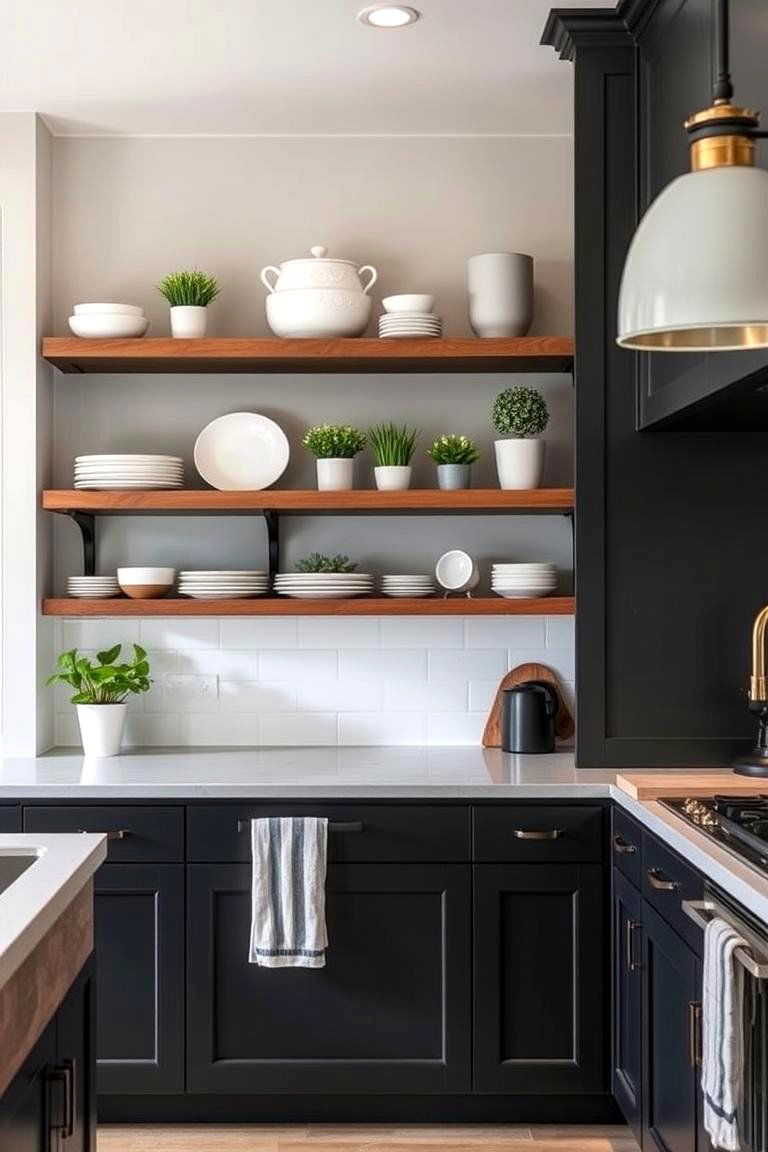 Incorporating Open Shelving with Black Cabinets - 24 kitchens with beautiful black cabinets