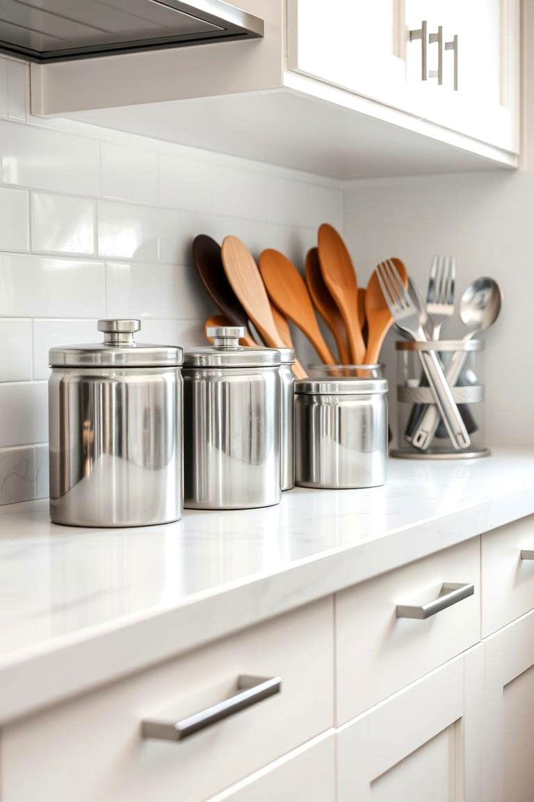 Incorporating Stainless Steel Canisters and Utensil Holders - 24 White Kitchen with Stainless Steel Appliances Ideas