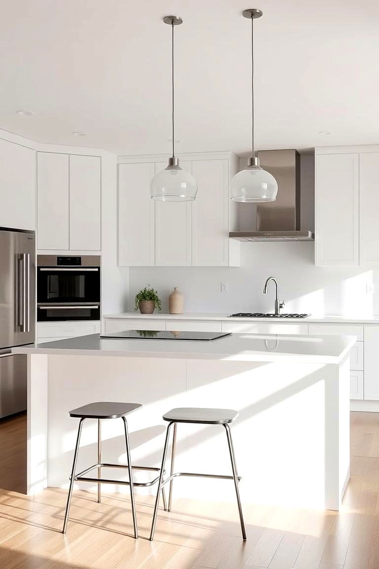 Incorporating Stainless Steel Counter Stools at a White Island - 24 White Kitchen with Stainless Steel Appliances Ideas