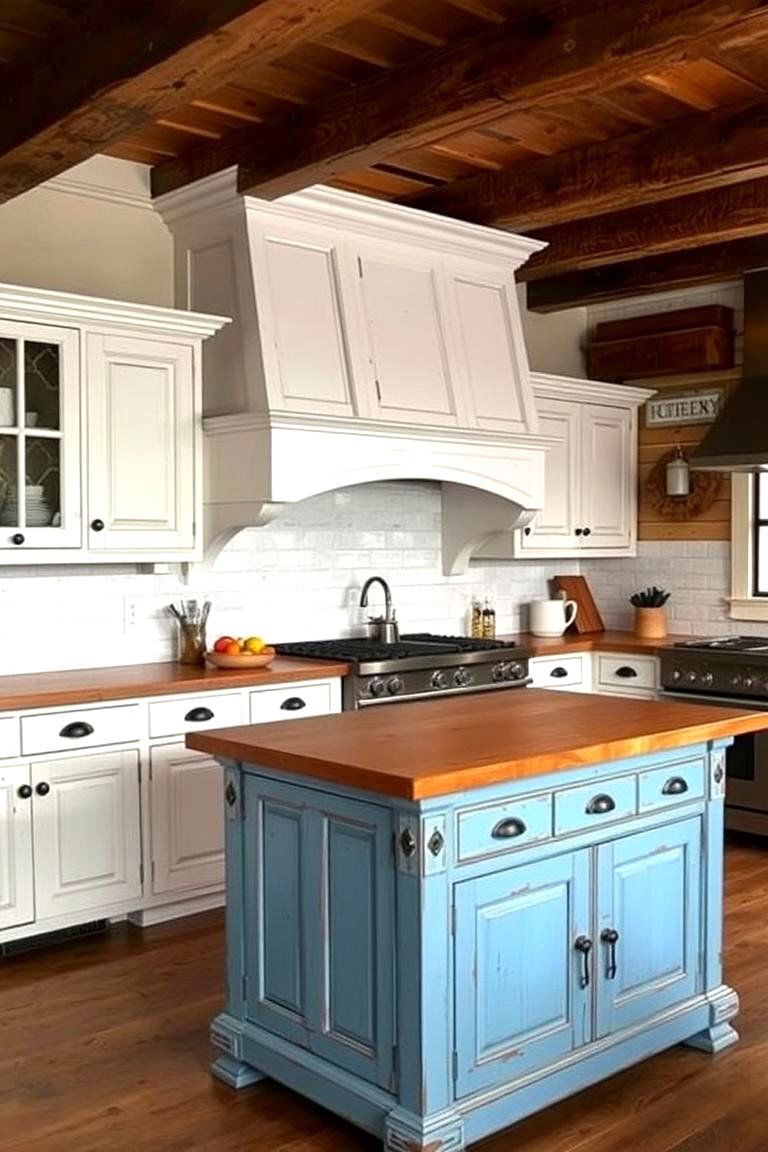 Incorporating Texture for Added Interest - 24 White Kitchen Cabinets With Blue Island