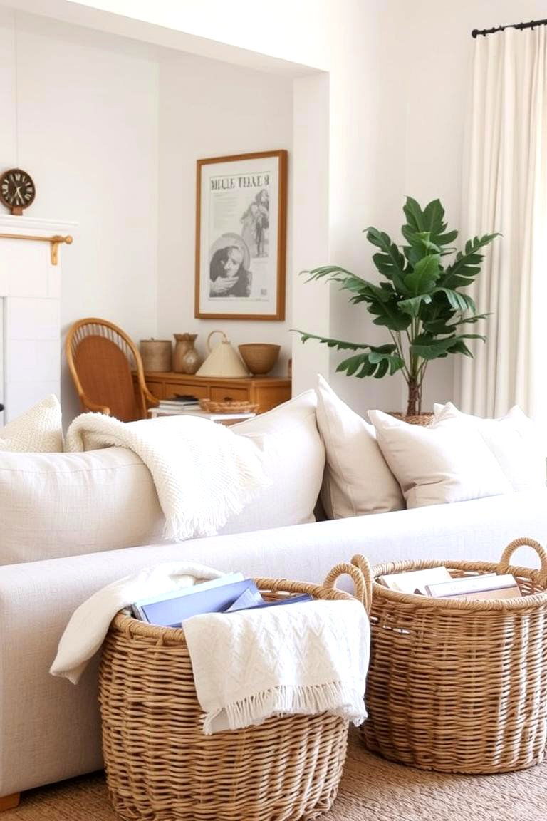 Incorporating Woven Baskets for Texture - 24 Neutral Living Room Ideas