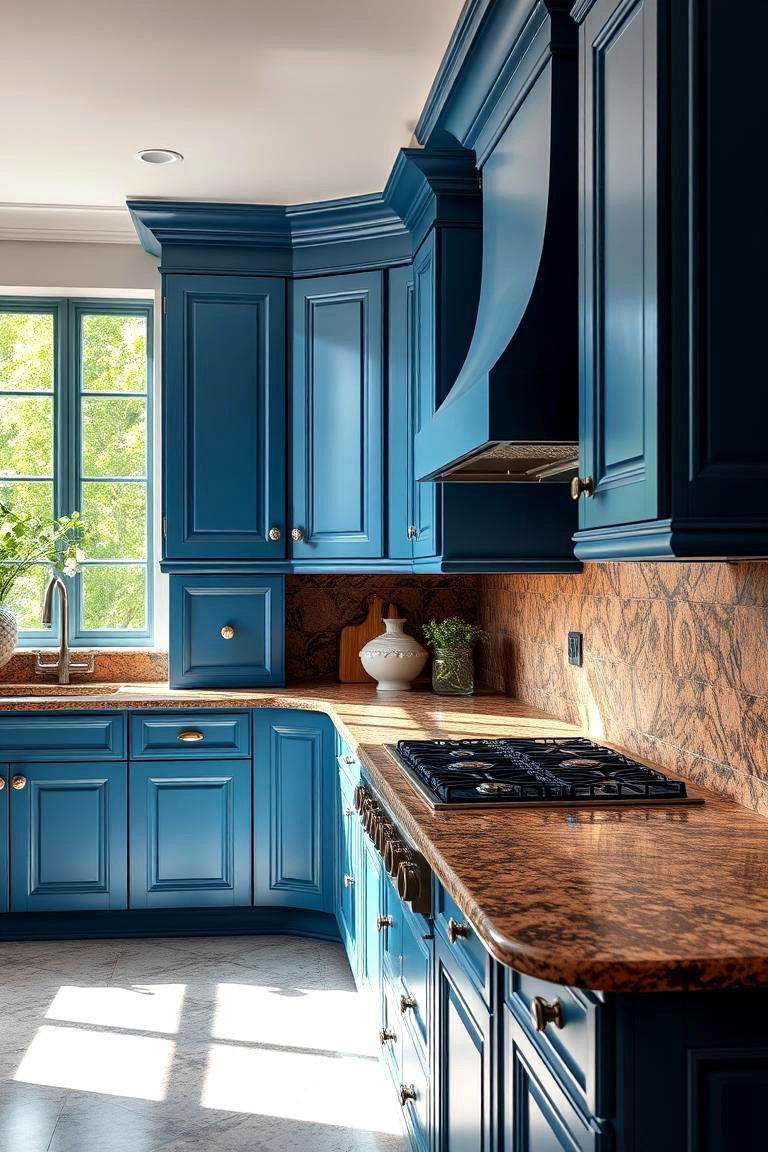 Increased Home Value Through Elegant Design - 24 blue kitchen cabinets with brown granite countertops