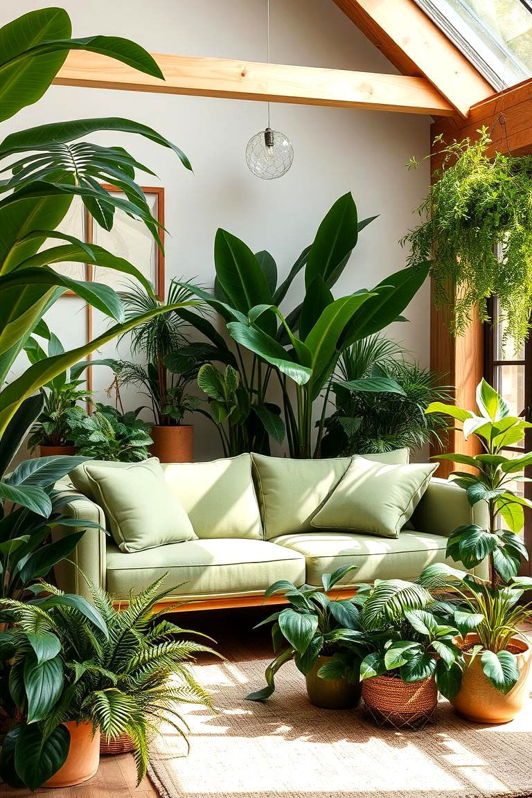Indoor Garden Oasis with a Sage Green Couch - 24 sage green couch living room ideas
