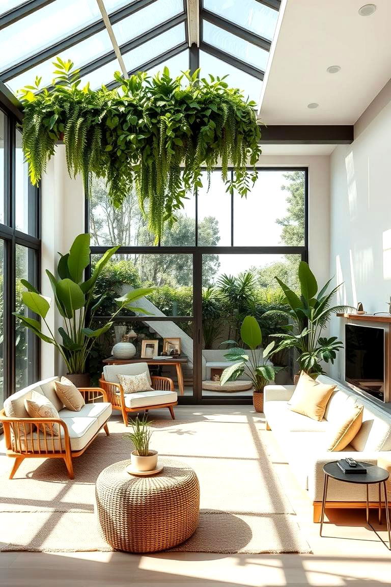 Indoor Outdoor Blend with Greenery - 24 Farmhouse Living Room Ideas