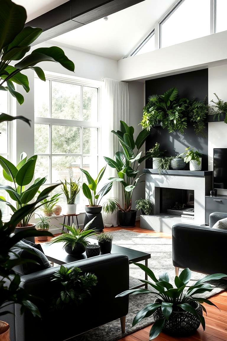 Indoor Plant Accents - 24 Black and White Boho Living Room Ideas