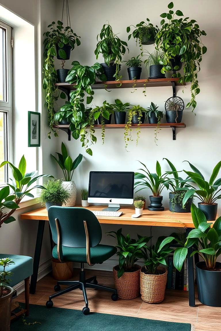Indoor Plant Decor Integration - 24 Dark Green Home Office Ideas