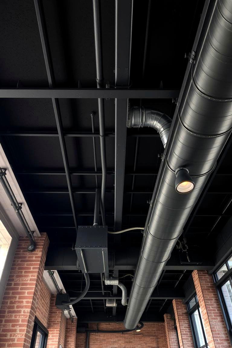 Industrial Black Ceiling with Exposed Ductwork - 24 Black Ceiling Design Ideas