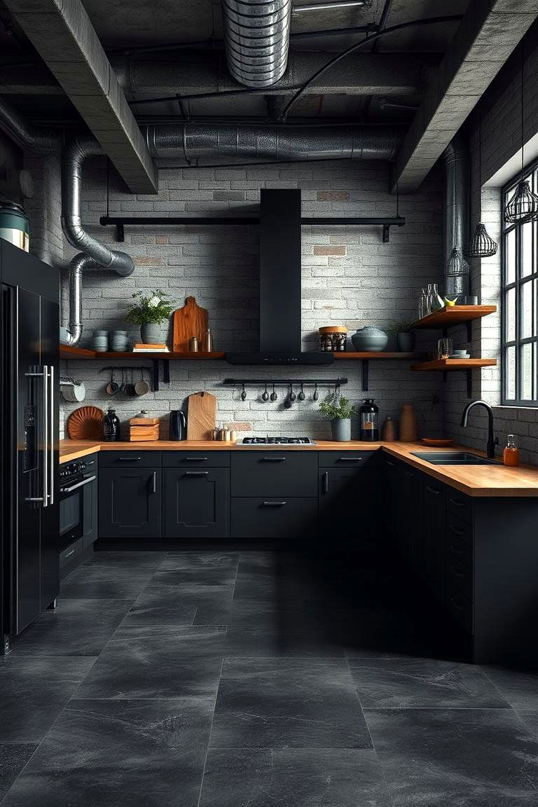 Industrial Black Concrete Look Flooring - 24 Black Floor Kitchen Ideas