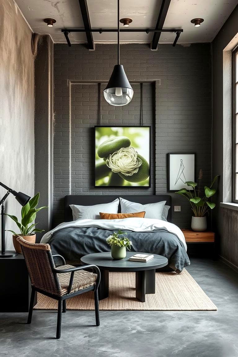 Industrial Black Finishes with Soft Green Accents - 24 Black and Green Bedroom Design Ideas