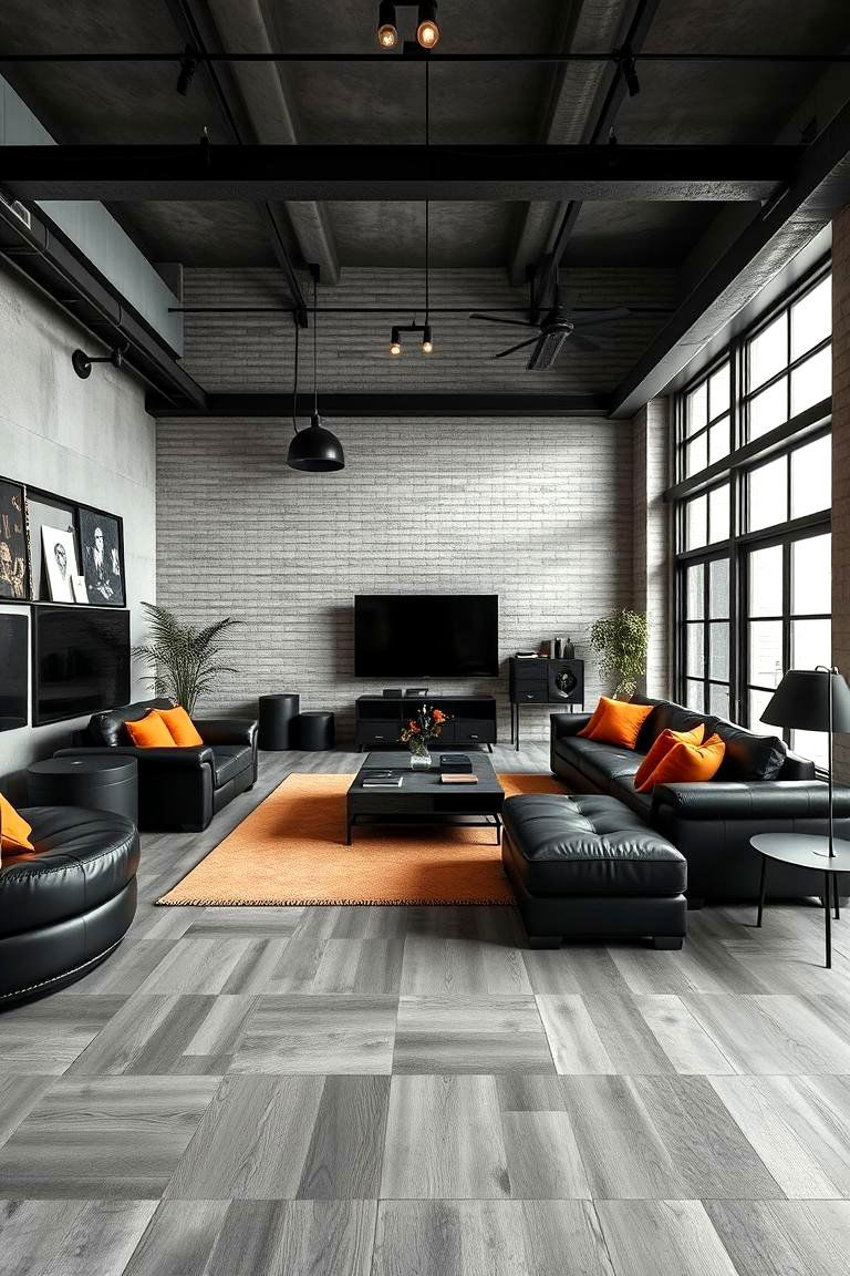 Industrial Black Furniture Enhanced by Orange Highlights - 24 Black and Orange Living Room Ideas