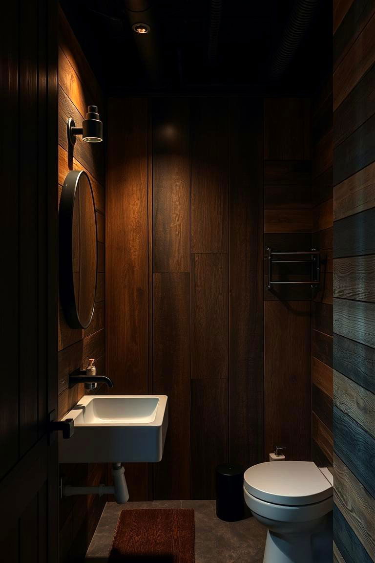 Industrial Black Lighting Paired with Wood Panels - 24 Black and Wood Bathroom Ideas