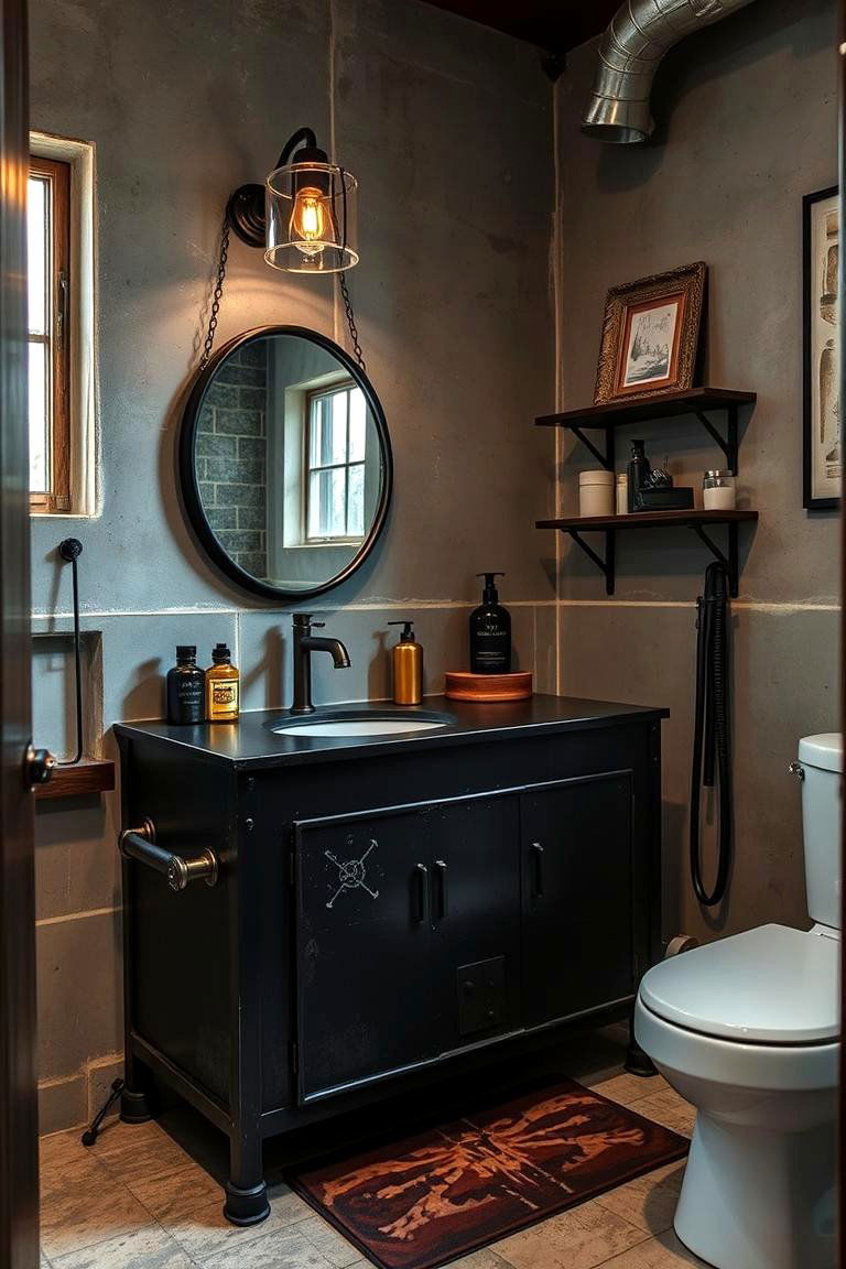 Industrial Black Vanity with Metallic Accents - 24 Black Vanity Bathroom Ideas